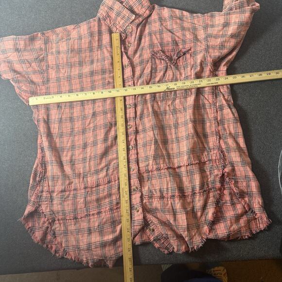Easel Oversized Plaid Button Down Tunic Shirt M Coral Frayed Hem Boho Grunge - Picture 6 of 8